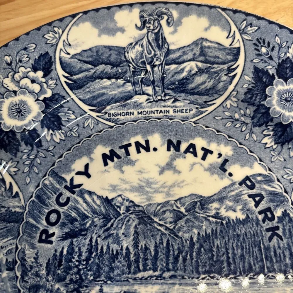 Vintage Rocky Mtn Nat’l Park Fine Straffordshire Ware Blue White Souvenir Plate